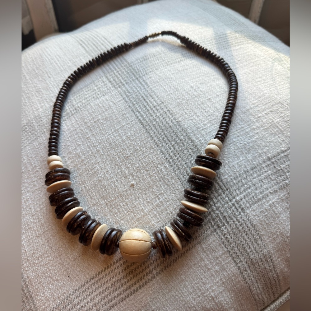 Vintage Brown and Cream Wood Beaded Necklace